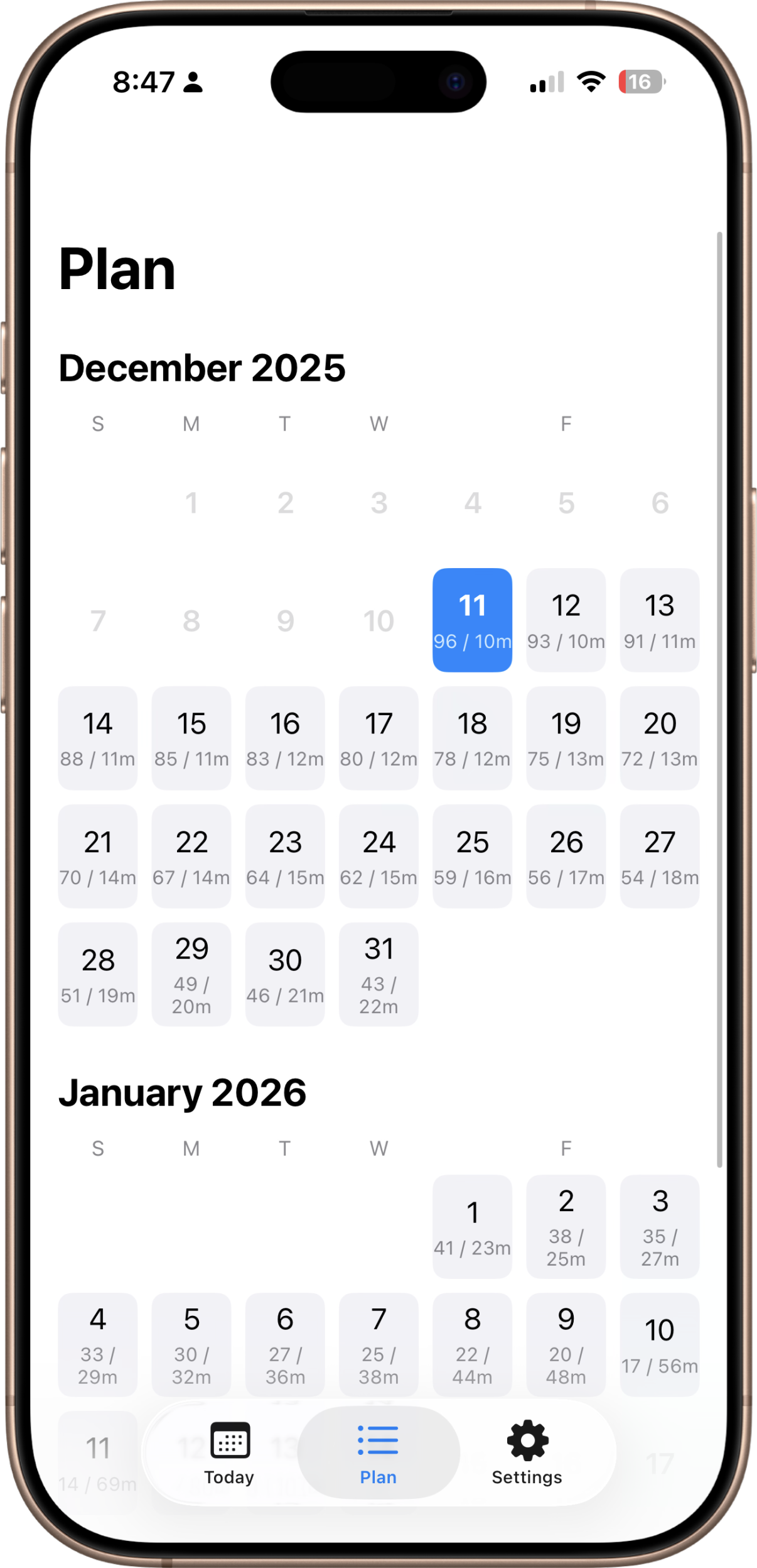 VapeQuit plan calendar showing upcoming targets and completed days